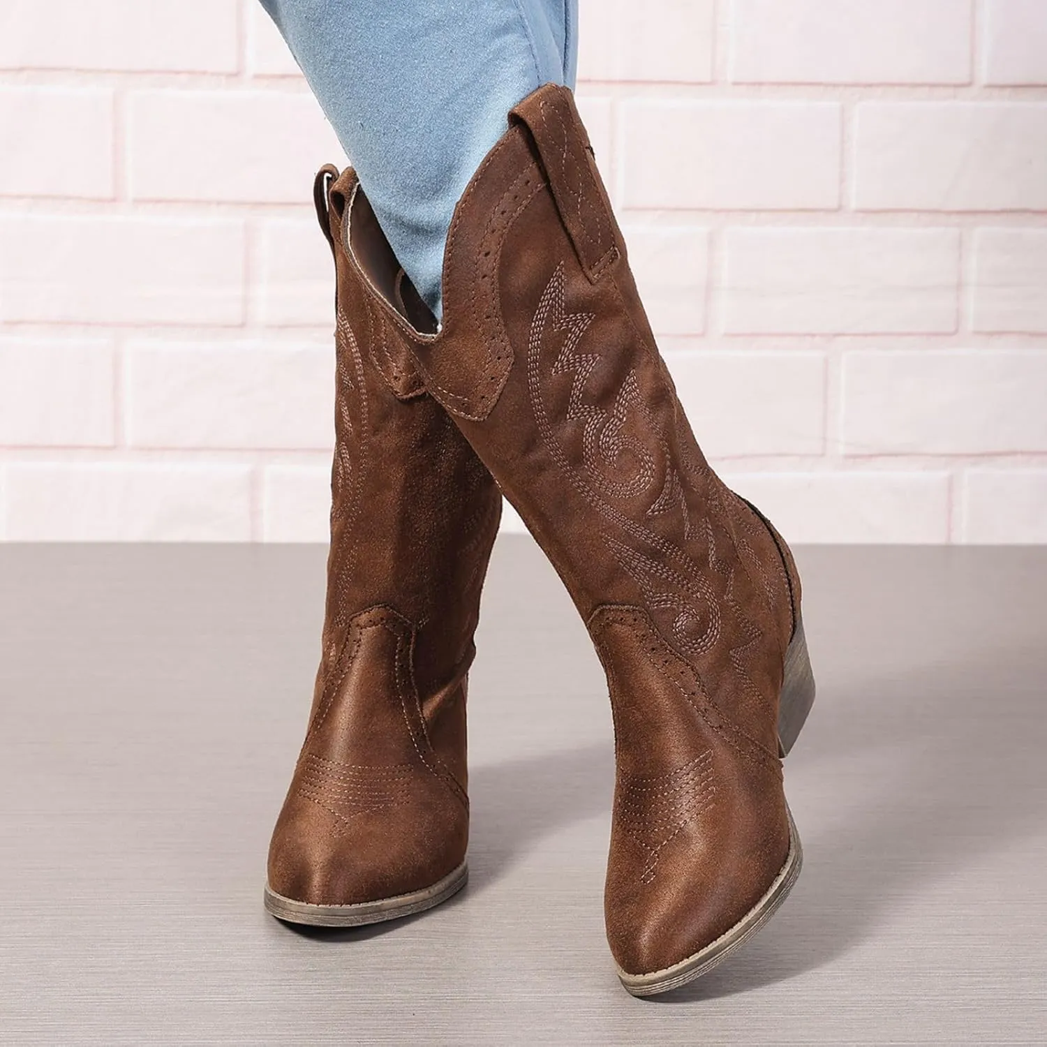 Cowboy Boots for Women Wide Calf Cowgirl Boots Pointed Toe Embroidery Stitched Fashion Western Boot Mid-Calf with Pull-on Tabs, US Size 5-11