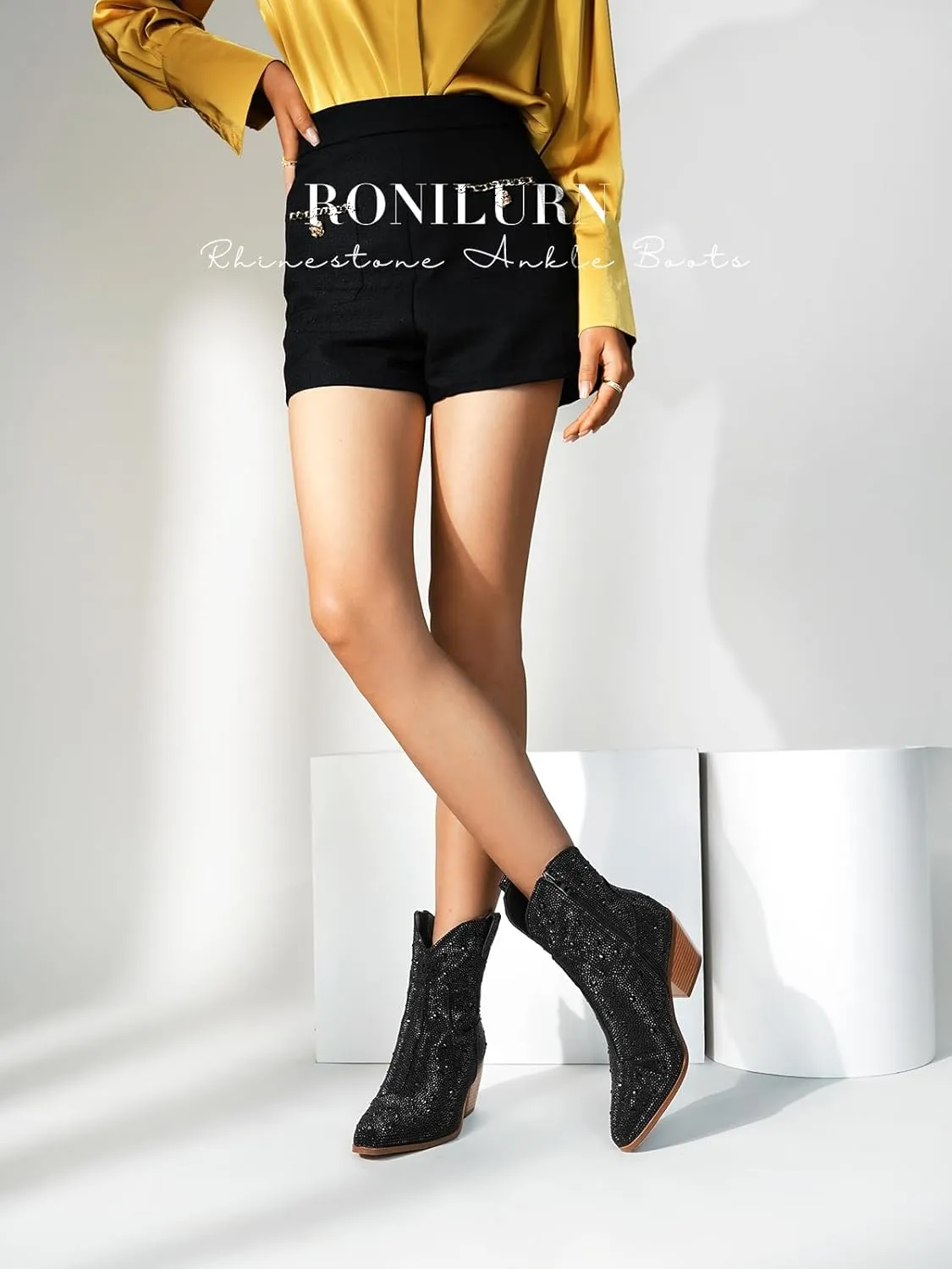 Cowgirl Ankle Boots Cowboy Boots for Women Western Booties Rhinestone Chunky Heel Fashion Comfortable Side Zipper