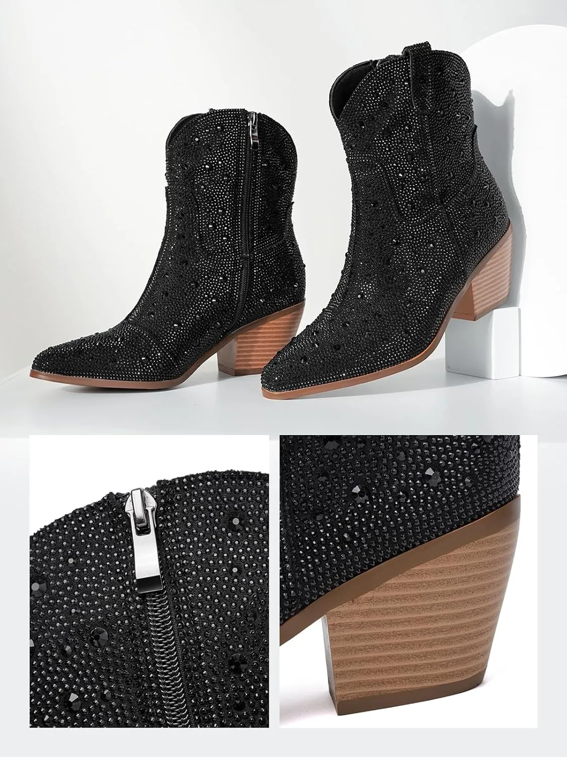 Cowgirl Ankle Boots Cowboy Boots for Women Western Booties Rhinestone Chunky Heel Fashion Comfortable Side Zipper