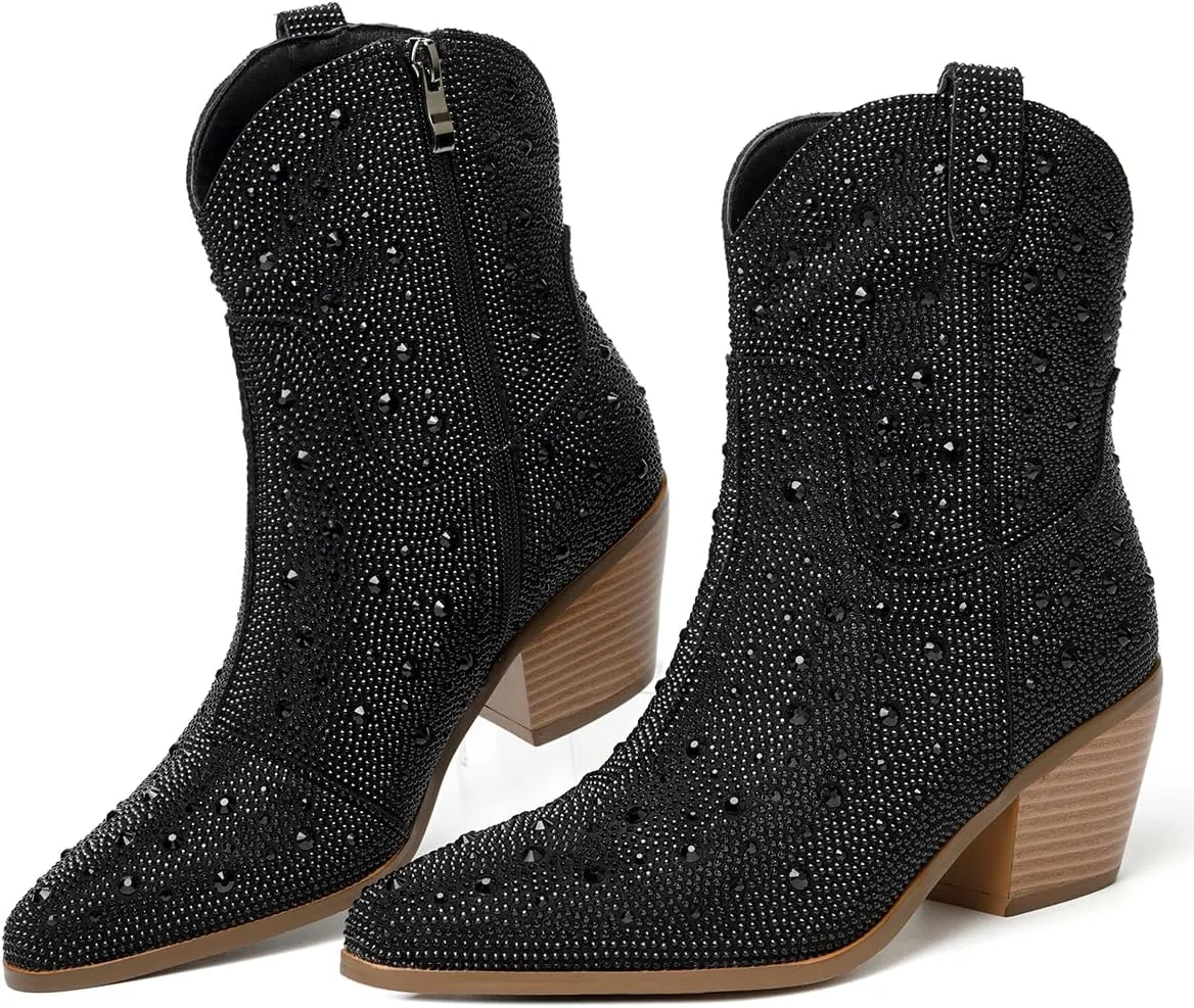 Cowgirl Ankle Boots Cowboy Boots for Women Western Booties Rhinestone Chunky Heel Fashion Comfortable Side Zipper