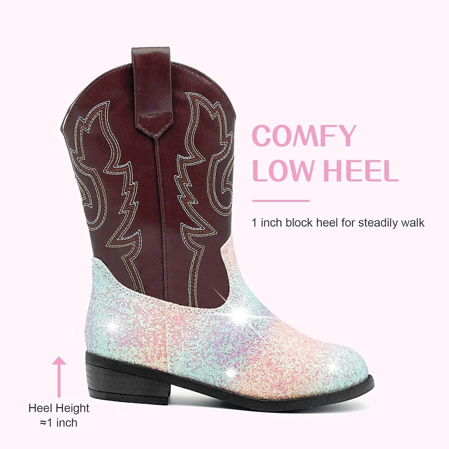 Cowgirl Boots for Kids Girls Boys Western Glitter Cowboy Boots Mid Calf Boots Little Big Kids Horse Riding Shoes Party Birthday Dress Up