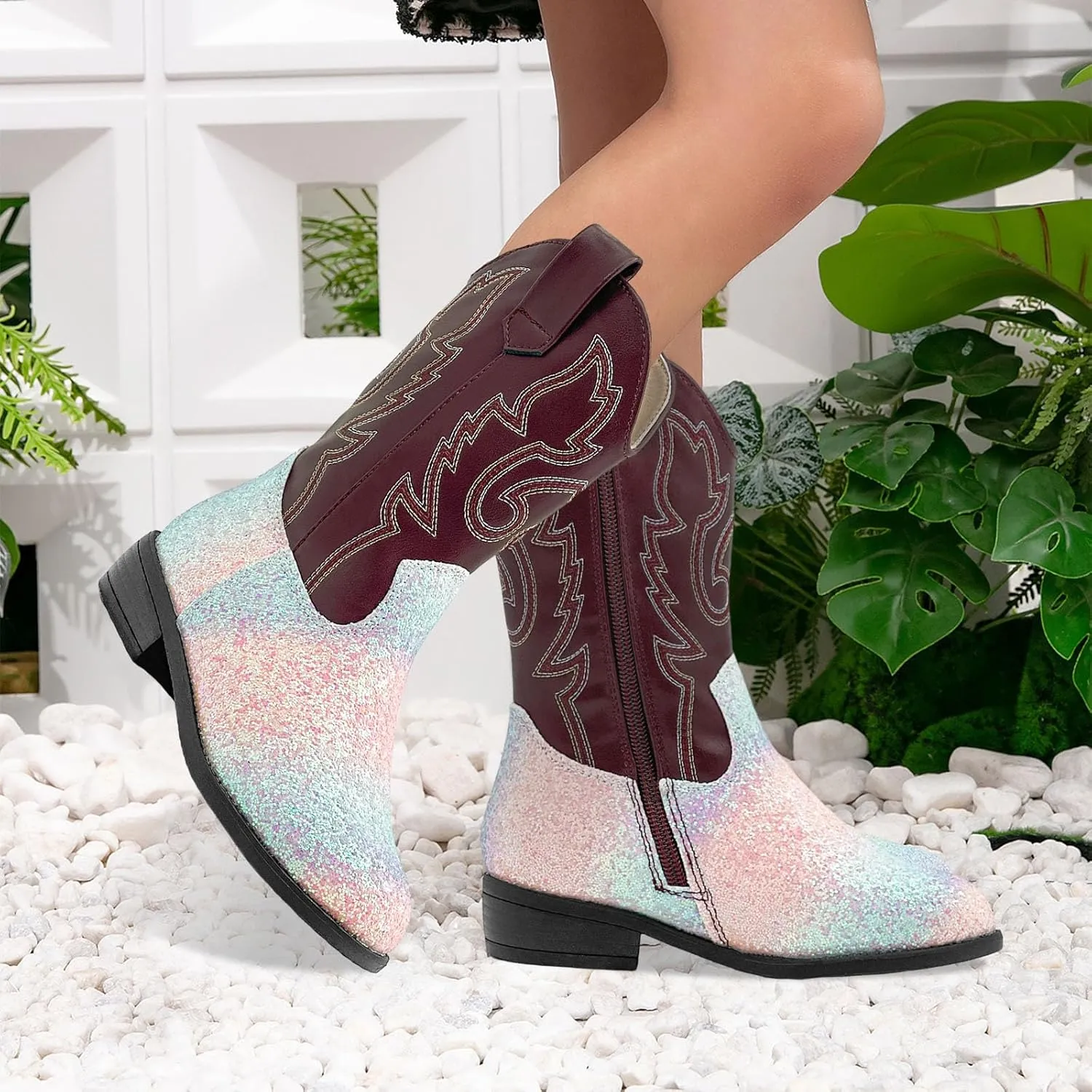 Cowgirl Boots for Kids Girls Boys Western Glitter Cowboy Boots Mid Calf Boots Little Big Kids Horse Riding Shoes Party Birthday Dress Up