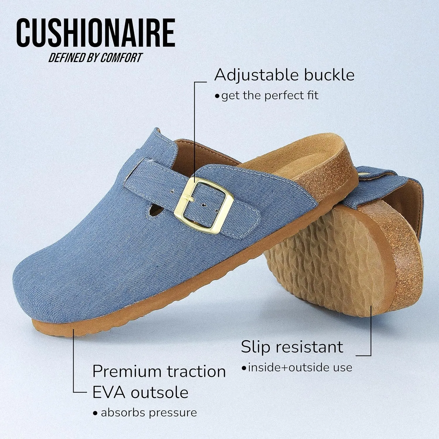 CUSHIONAIRE Hana Slip-On Buckle Clog with Cork Footbed  Memory Foam, Wide Widths Available