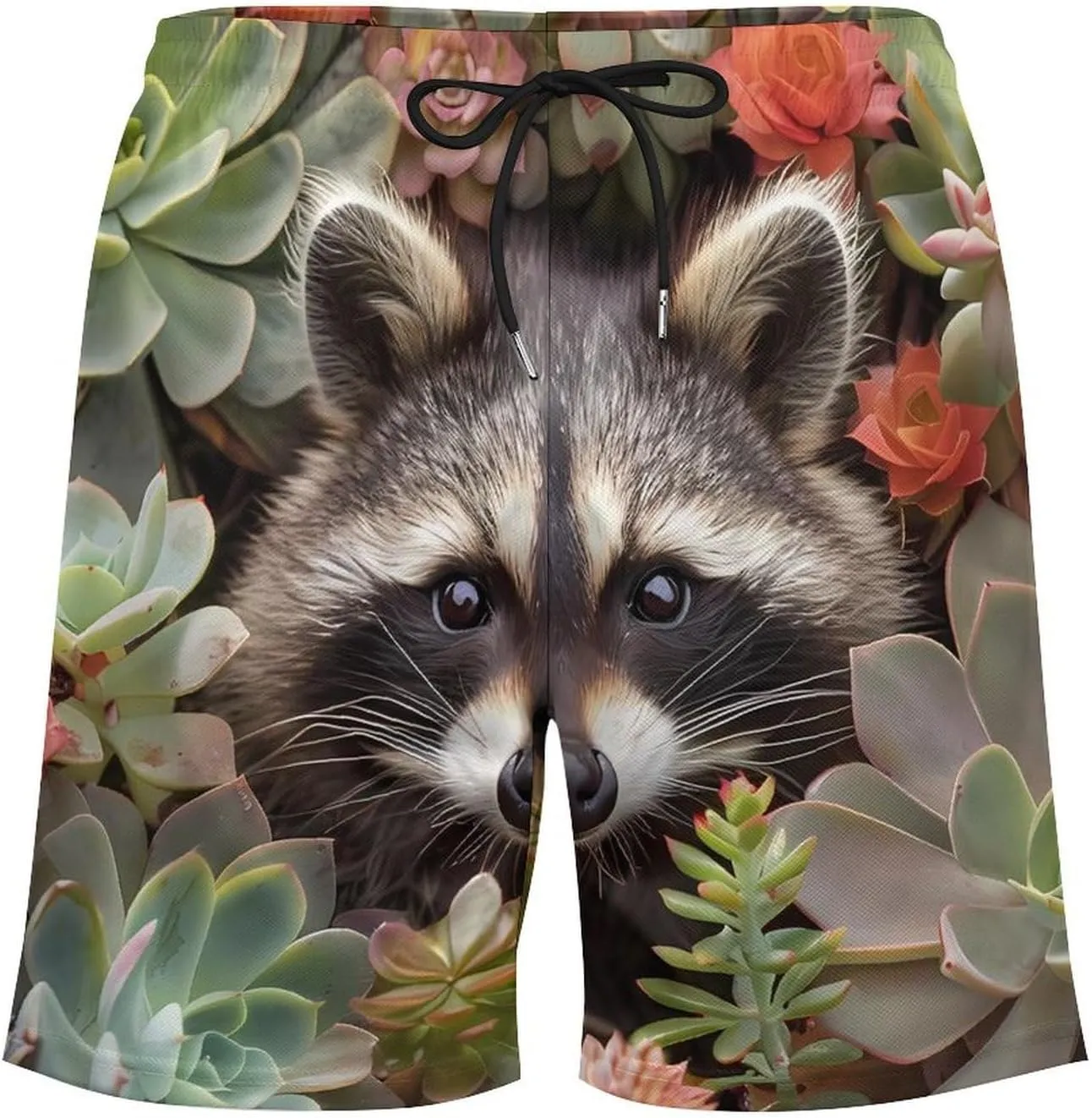 Cute Raccoon with Succulents Flower Men's Swim Trunks Quick Dry Board Shorts Swimwear Beach Shorts with Compression Liner