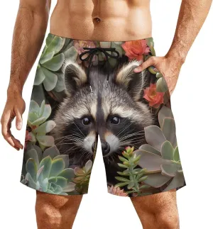 Cute Raccoon with Succulents Flower Men's Swim Trunks Quick Dry Board Shorts Swimwear Beach Shorts with Compression Liner
