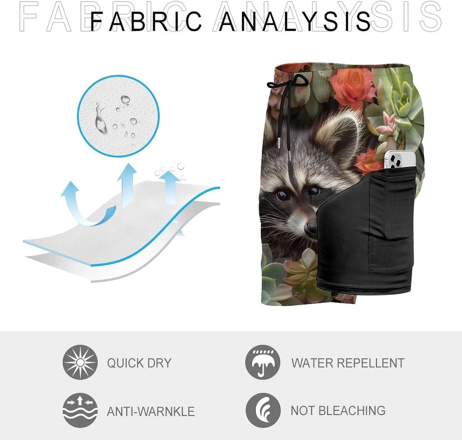 Cute Raccoon with Succulents Flower Men's Swim Trunks Quick Dry Board Shorts Swimwear Beach Shorts with Compression Liner