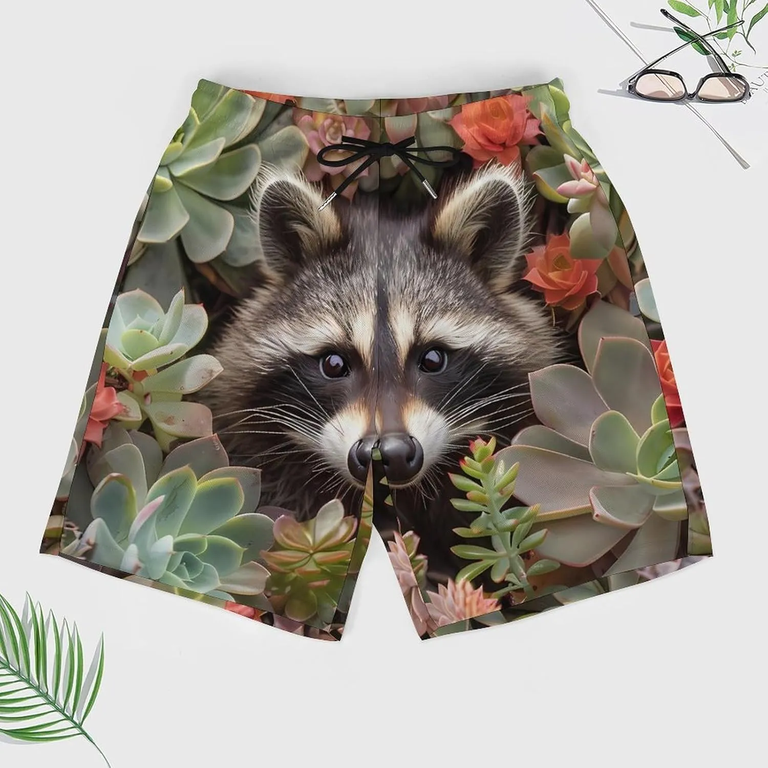 Cute Raccoon with Succulents Flower Men's Swim Trunks Quick Dry Board Shorts Swimwear Beach Shorts with Compression Liner