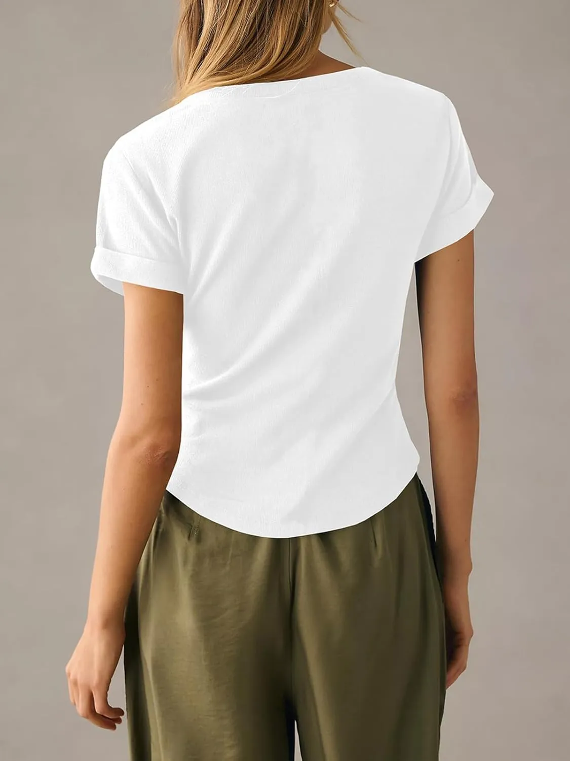 Danedvi Womens Deep V Neck Low Cut Tops Summer Short Sleeve Henley Shirts Casual Ribbed Knit T Shirts