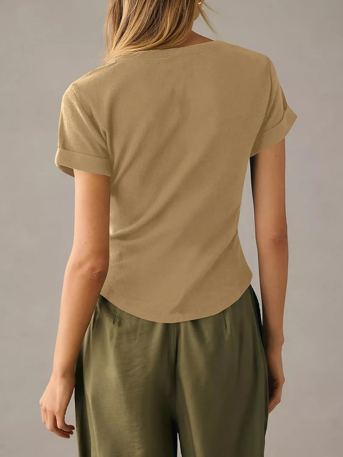 Danedvi Womens Deep V Neck Low Cut Tops Summer Short Sleeve Henley Shirts Casual Ribbed Knit T Shirts