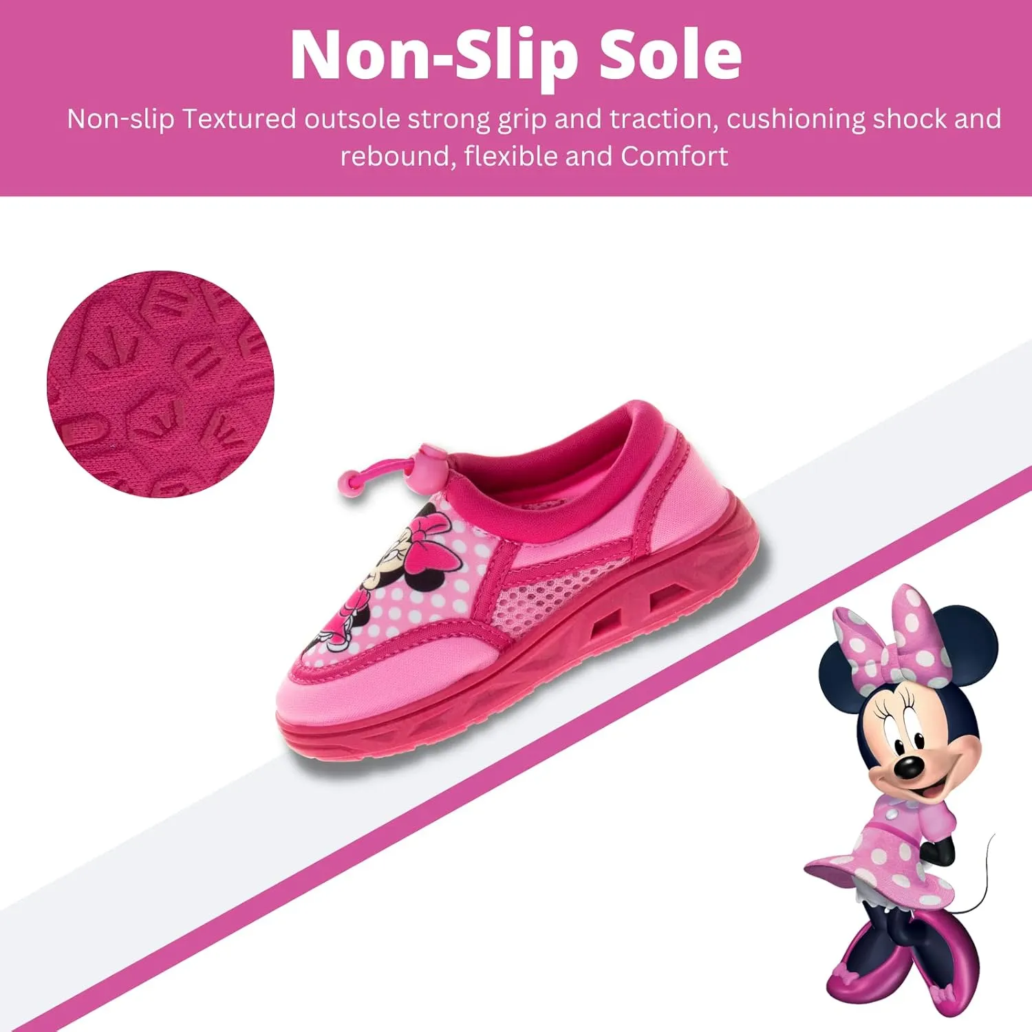 Disney Minnie Mouse Water Shoes - Pool Aqua Socks for Kids- Sandals Princess Bungee Waterproof Beach Slides Sport Character Summer Slip-on Quick Dry (Toddler/Little Kid)