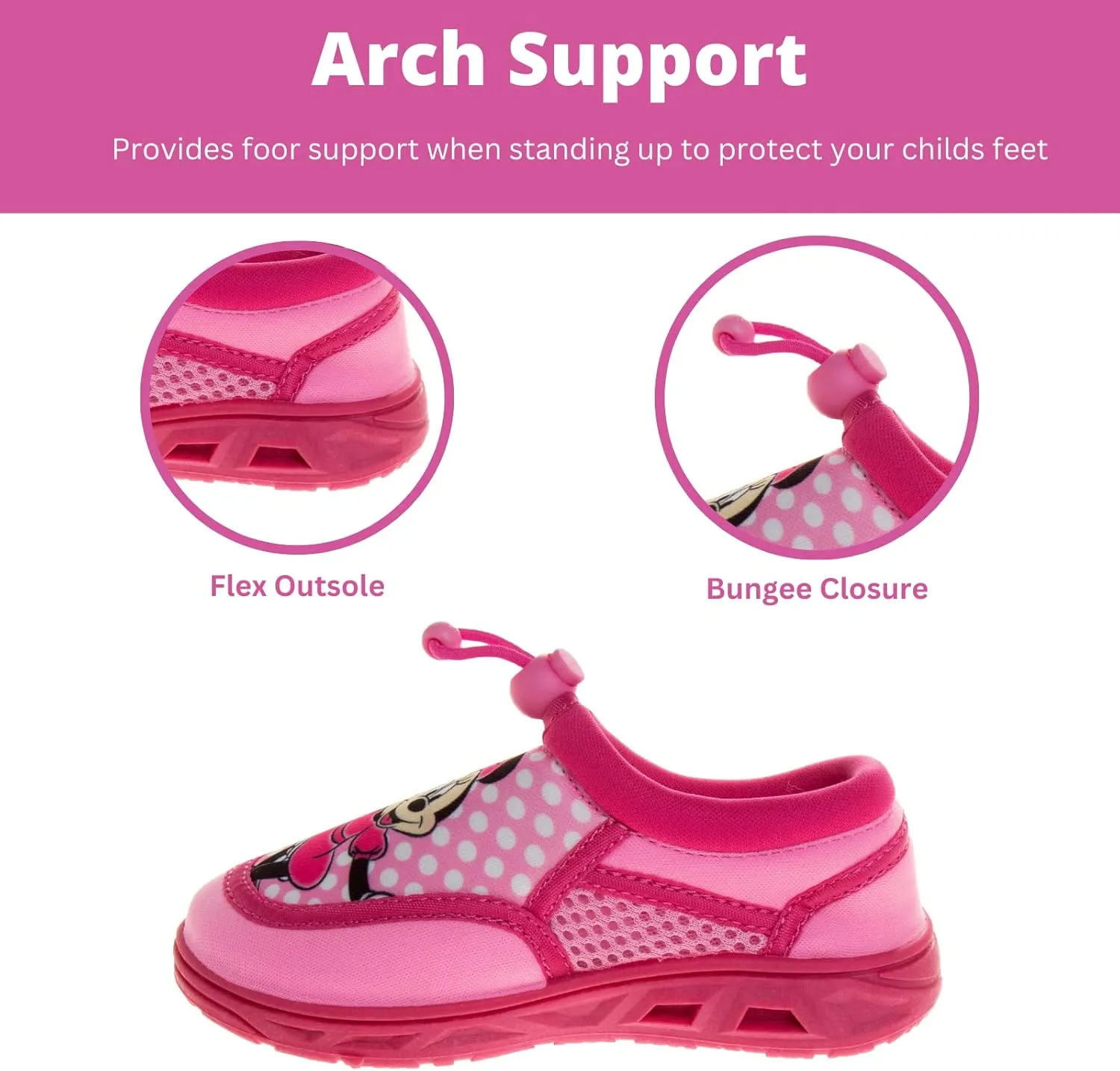 Disney Minnie Mouse Water Shoes - Pool Aqua Socks for Kids- Sandals Princess Bungee Waterproof Beach Slides Sport Character Summer Slip-on Quick Dry (Toddler/Little Kid)