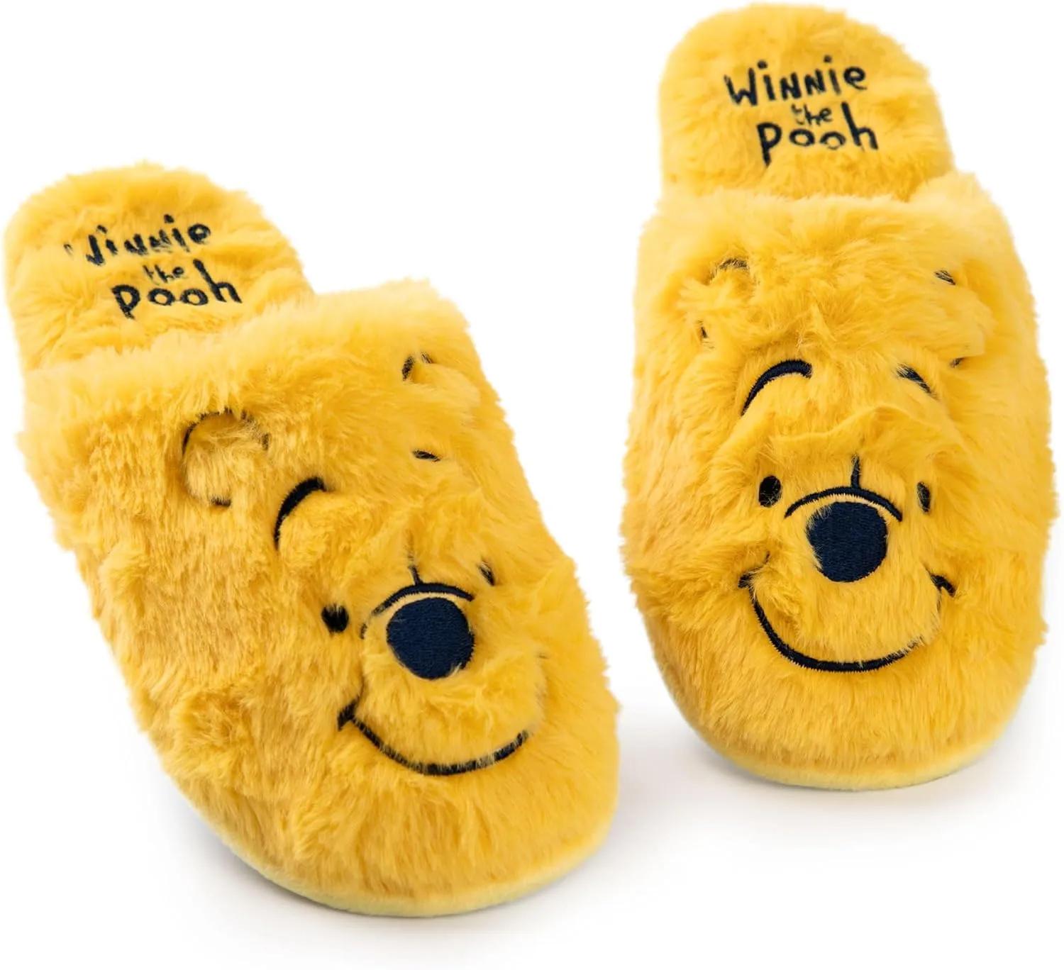Disney Winnie the Pooh Womens Slippers | Ladies Teddy Bear Indoor Fur Mules in Yellow | Embroidered Slip On House Shoes