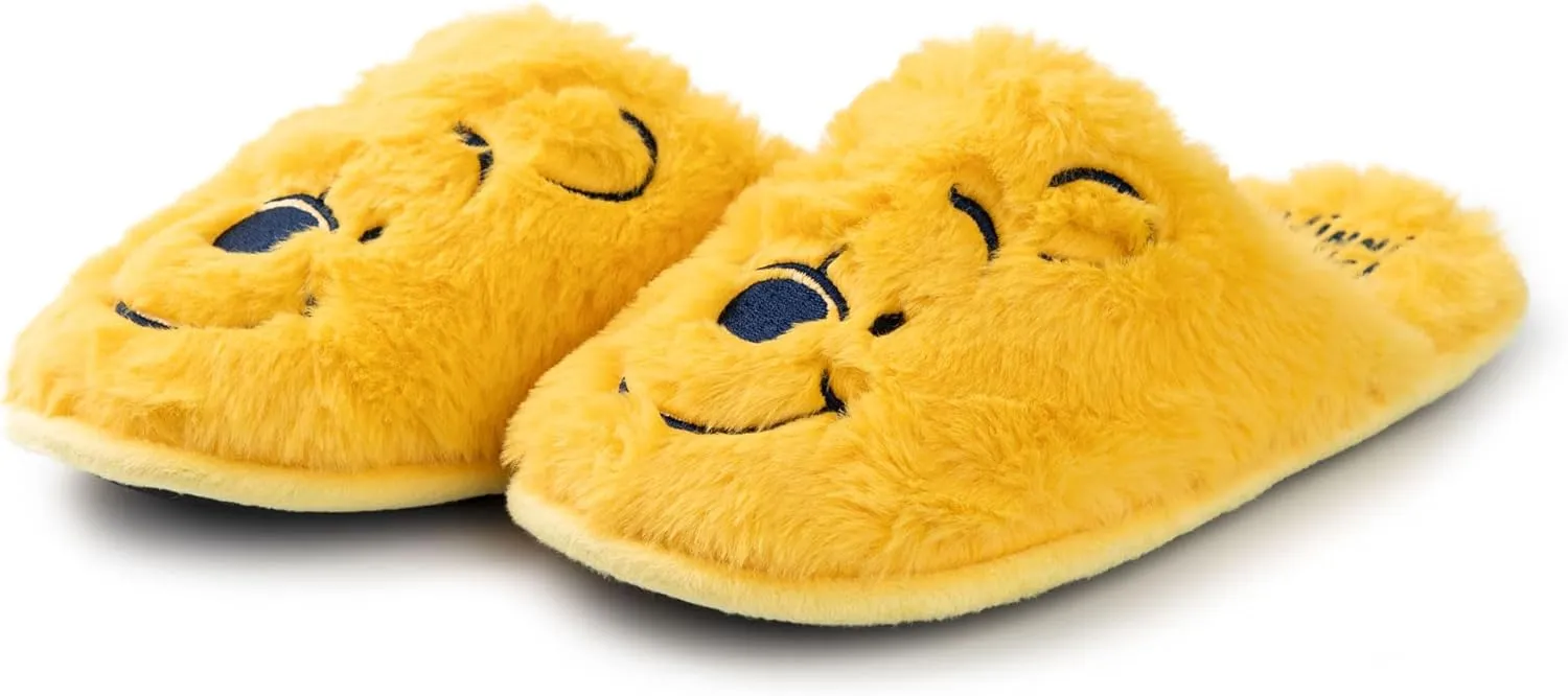 Disney Winnie the Pooh Womens Slippers | Ladies Teddy Bear Indoor Fur Mules in Yellow | Embroidered Slip On House Shoes