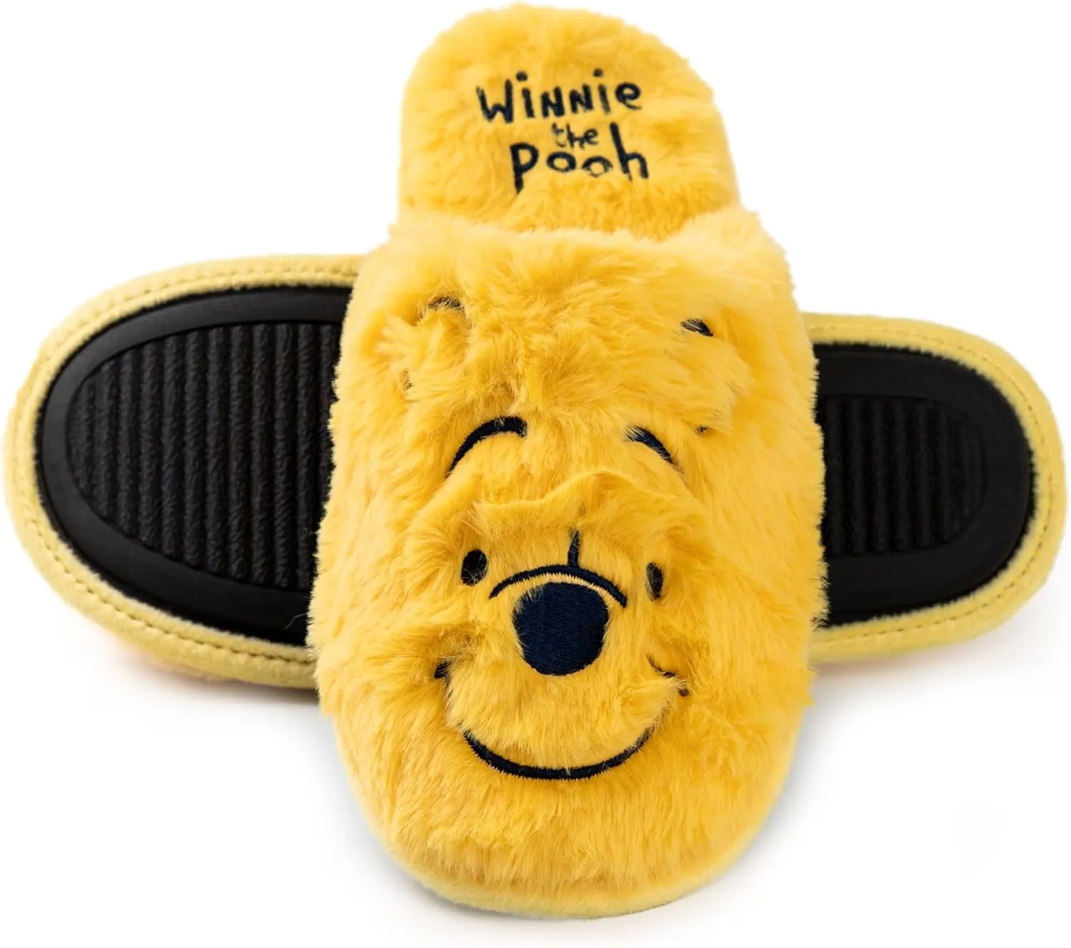 Disney Winnie the Pooh Womens Slippers | Ladies Teddy Bear Indoor Fur Mules in Yellow | Embroidered Slip On House Shoes