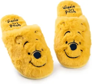 Disney Winnie the Pooh Womens Slippers | Ladies Teddy Bear Indoor Fur Mules in Yellow | Embroidered Slip On House Shoes