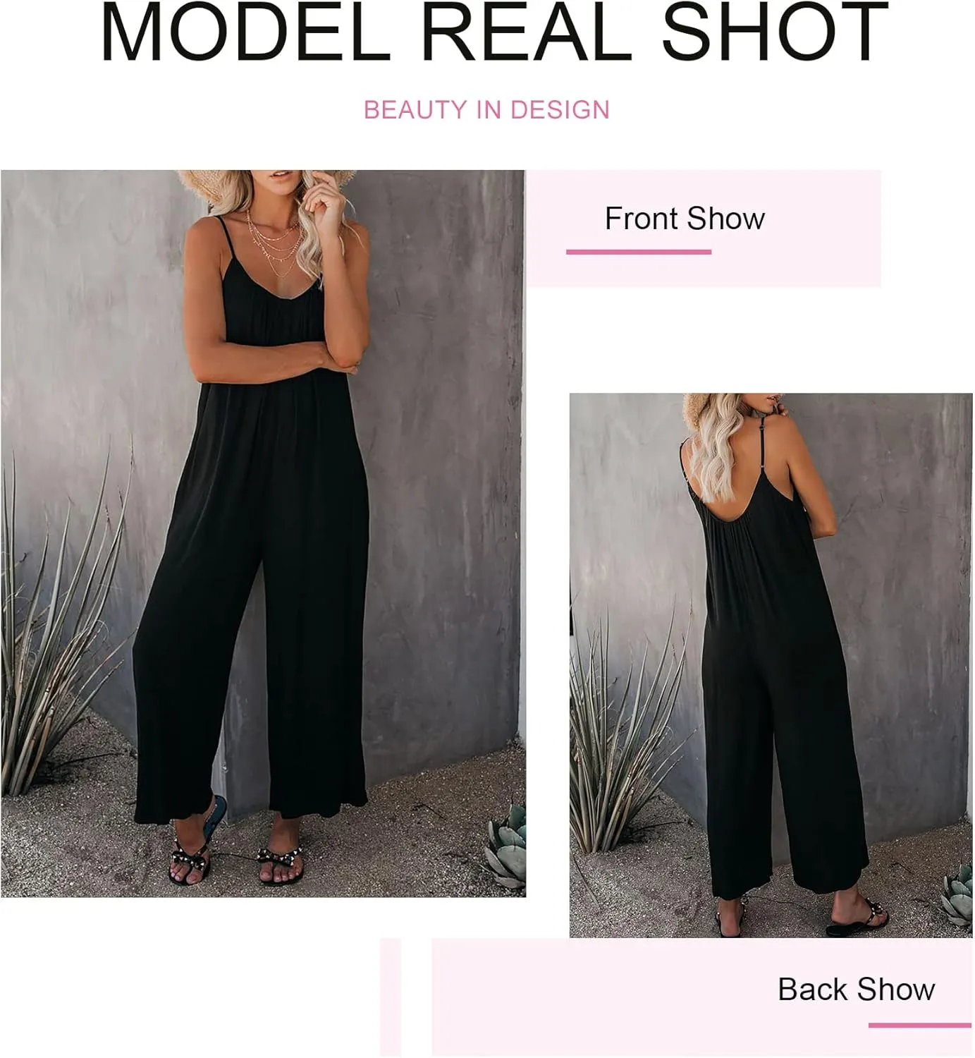 Dokotoo Women's Loose Sleeveless Jumpsuits Adjustable Spaghetti Strap Stretchy Long Pant Romper Jumpsuit with Pockets