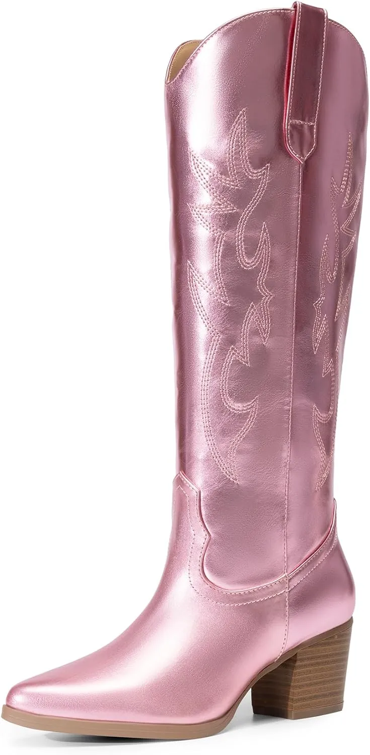 DREAM PAIRS Cowboy Boots for Women Cowgirl Knee High Boots Comfortable Pull On Zipper Chunky Heel Pointed Toe Embroidered Western Boots