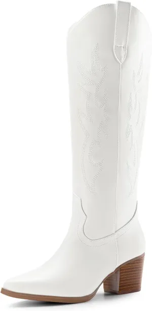 DREAM PAIRS Cowboy Boots for Women Cowgirl Knee High Boots Comfortable Pull On Zipper Chunky Heel Pointed Toe Embroidered Western Boots