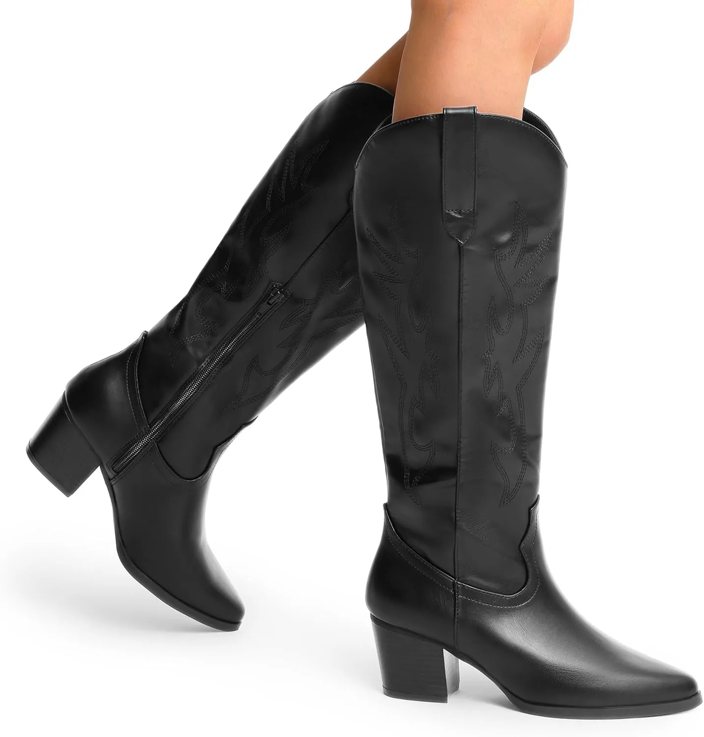 DREAM PAIRS Cowboy Boots for Women Cowgirl Knee High Boots Comfortable Pull On Zipper Chunky Heel Pointed Toe Embroidered Western Boots
