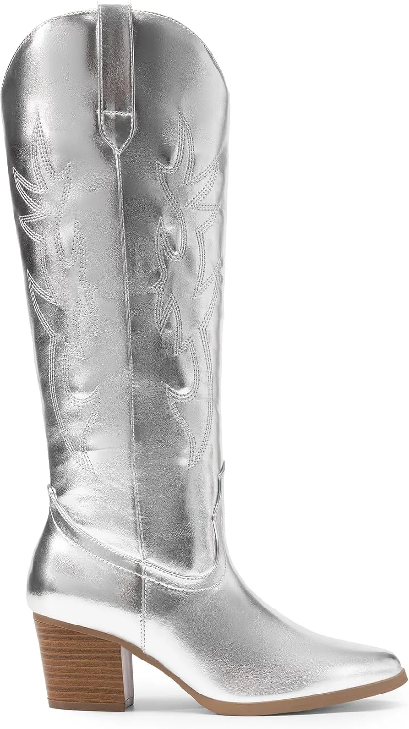 DREAM PAIRS Cowboy Boots for Women Cowgirl Knee High Boots Comfortable Pull On Zipper Chunky Heel Pointed Toe Embroidered Western Boots