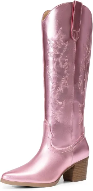 DREAM PAIRS Cowboy Boots for Women Cowgirl Knee High Boots Comfortable Pull On Zipper Chunky Heel Pointed Toe Embroidered Western Boots