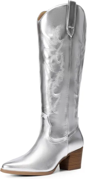 DREAM PAIRS Cowboy Boots for Women Cowgirl Knee High Boots Comfortable Pull On Zipper Chunky Heel Pointed Toe Embroidered Western Boots
