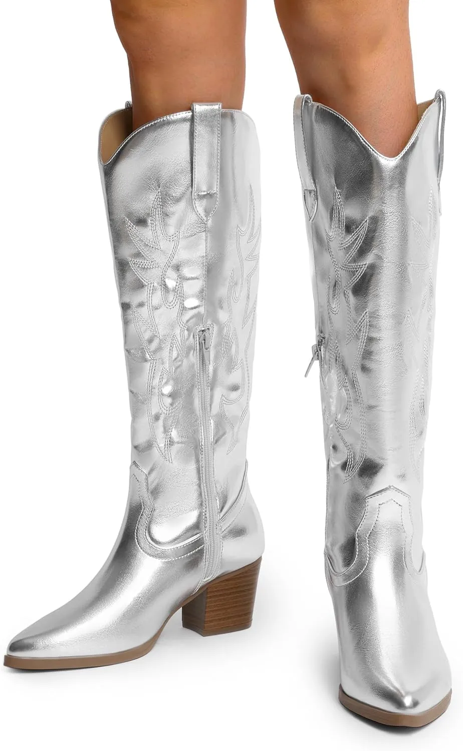 DREAM PAIRS Cowboy Boots for Women Cowgirl Knee High Boots Comfortable Pull On Zipper Chunky Heel Pointed Toe Embroidered Western Boots