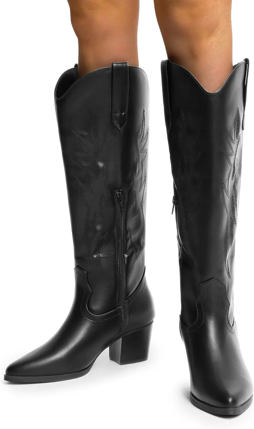 DREAM PAIRS Cowboy Boots for Women Cowgirl Knee High Boots Comfortable Pull On Zipper Chunky Heel Pointed Toe Embroidered Western Boots