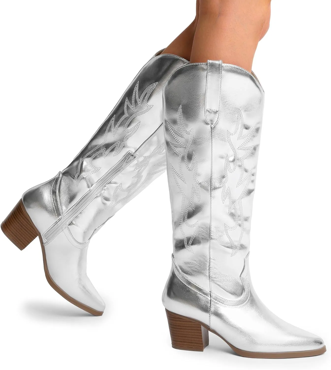 DREAM PAIRS Cowboy Boots for Women Cowgirl Knee High Boots Comfortable Pull On Zipper Chunky Heel Pointed Toe Embroidered Western Boots