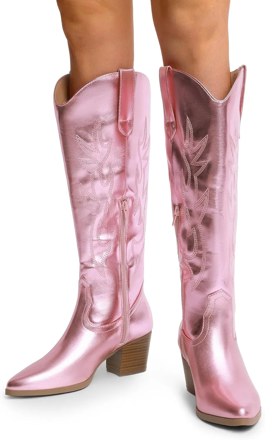 DREAM PAIRS Cowboy Boots for Women Cowgirl Knee High Boots Comfortable Pull On Zipper Chunky Heel Pointed Toe Embroidered Western Boots