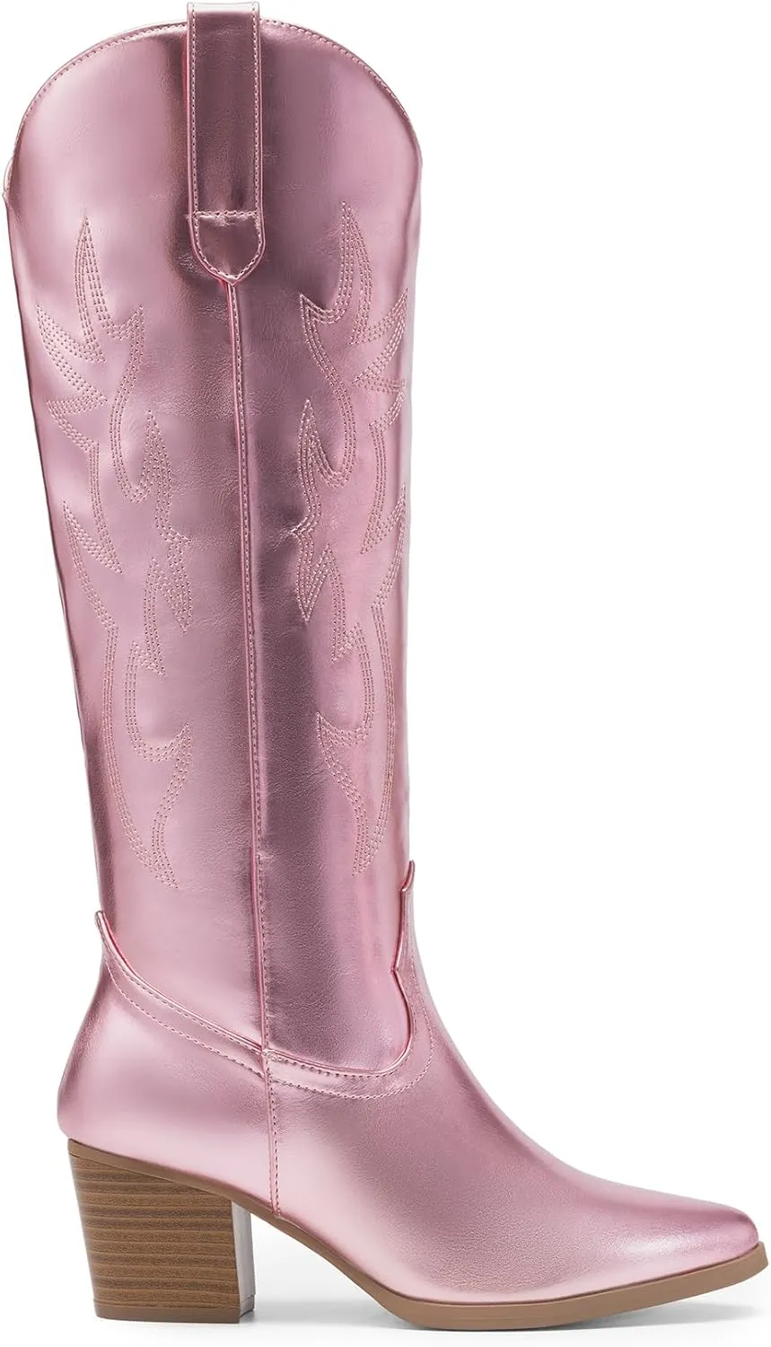 DREAM PAIRS Cowboy Boots for Women Cowgirl Knee High Boots Comfortable Pull On Zipper Chunky Heel Pointed Toe Embroidered Western Boots