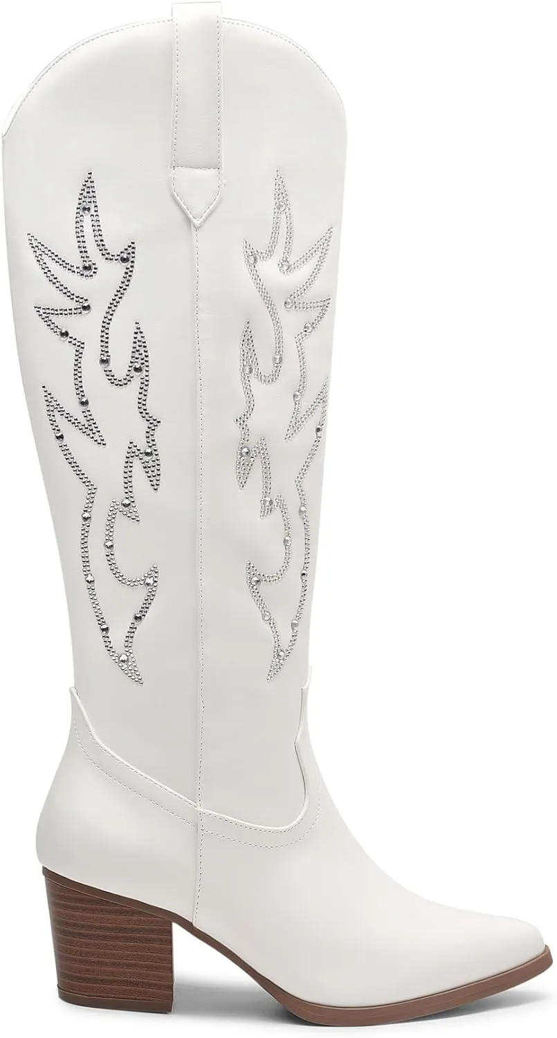 DREAM PAIRS Cowboy Boots for Women Cowgirl Knee High Boots Comfortable Pull On Zipper Chunky Heel Pointed Toe Embroidered Western Boots