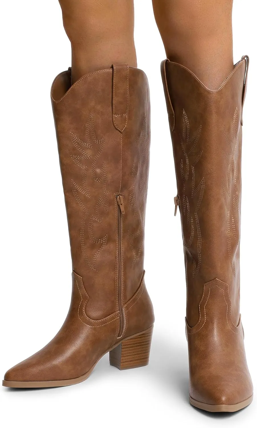 DREAM PAIRS Cowboy Boots for Women Cowgirl Knee High Boots Comfortable Pull On Zipper Chunky Heel Pointed Toe Embroidered Western Boots