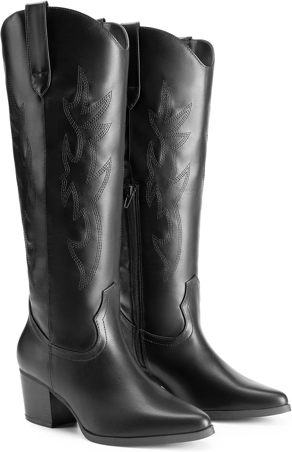 DREAM PAIRS Cowboy Boots for Women Cowgirl Knee High Boots Comfortable Pull On Zipper Chunky Heel Pointed Toe Embroidered Western Boots