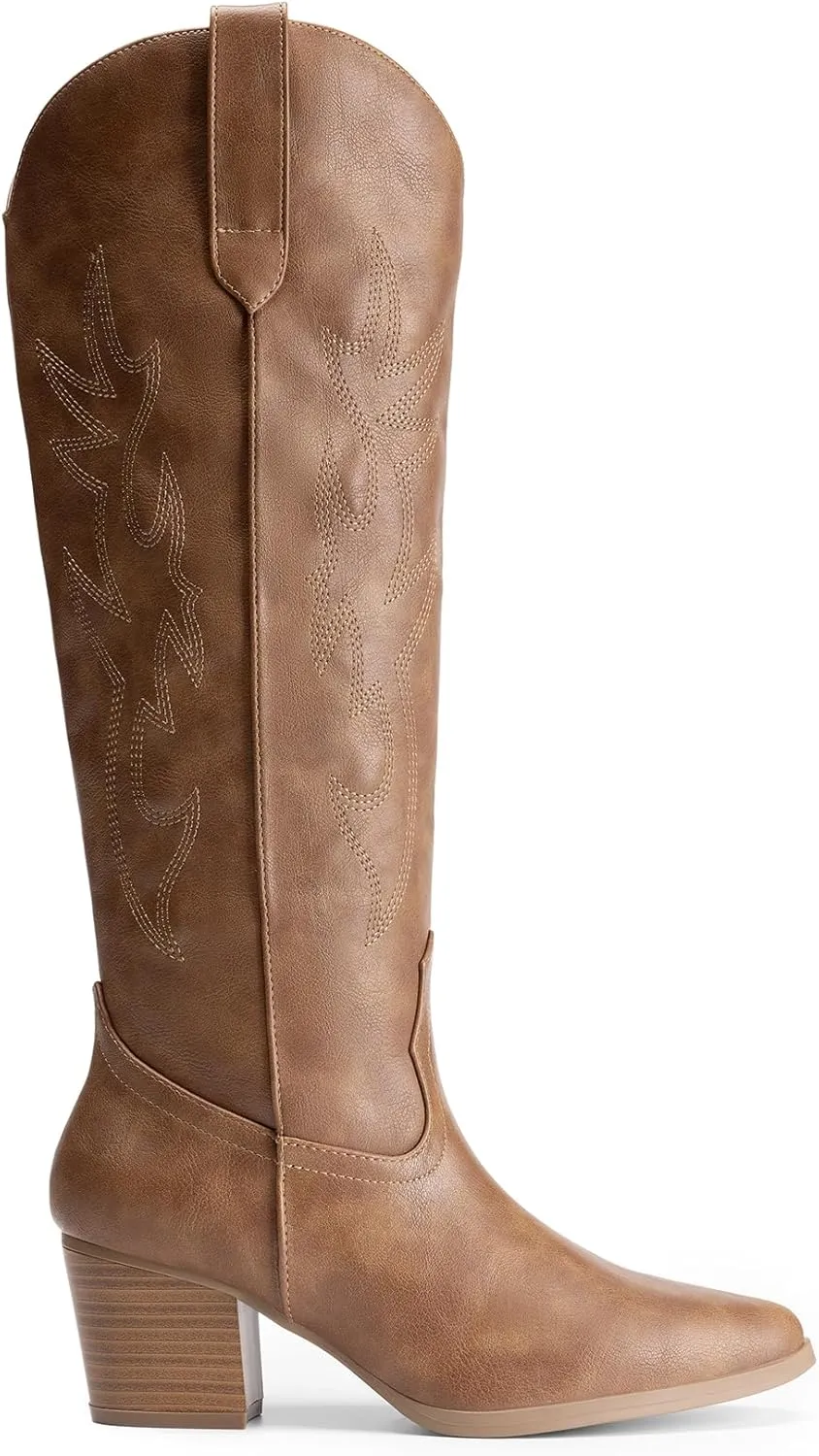 DREAM PAIRS Cowboy Boots for Women Cowgirl Knee High Boots Comfortable Pull On Zipper Chunky Heel Pointed Toe Embroidered Western Boots
