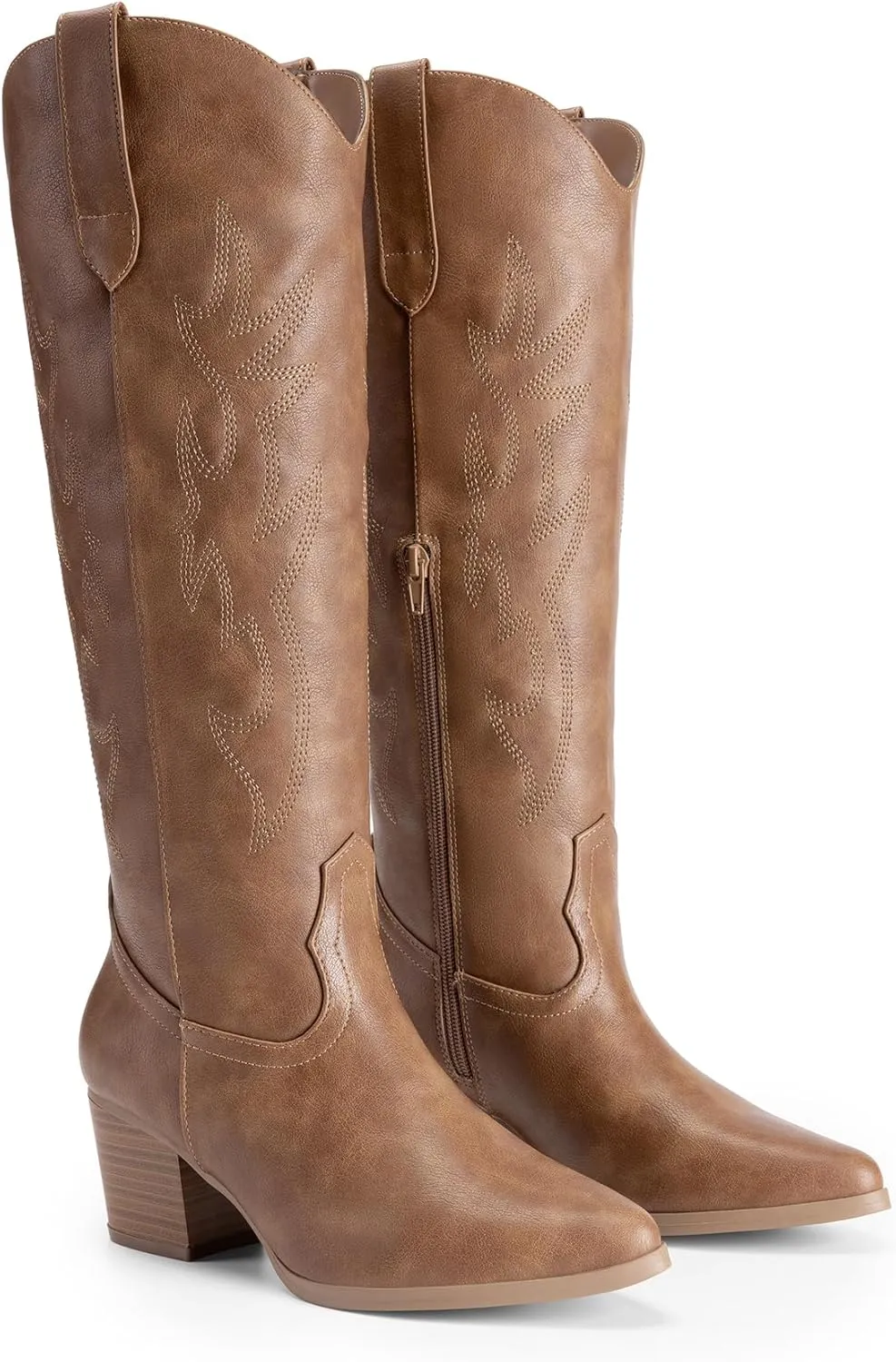 DREAM PAIRS Cowboy Boots for Women Cowgirl Knee High Boots Comfortable Pull On Zipper Chunky Heel Pointed Toe Embroidered Western Boots