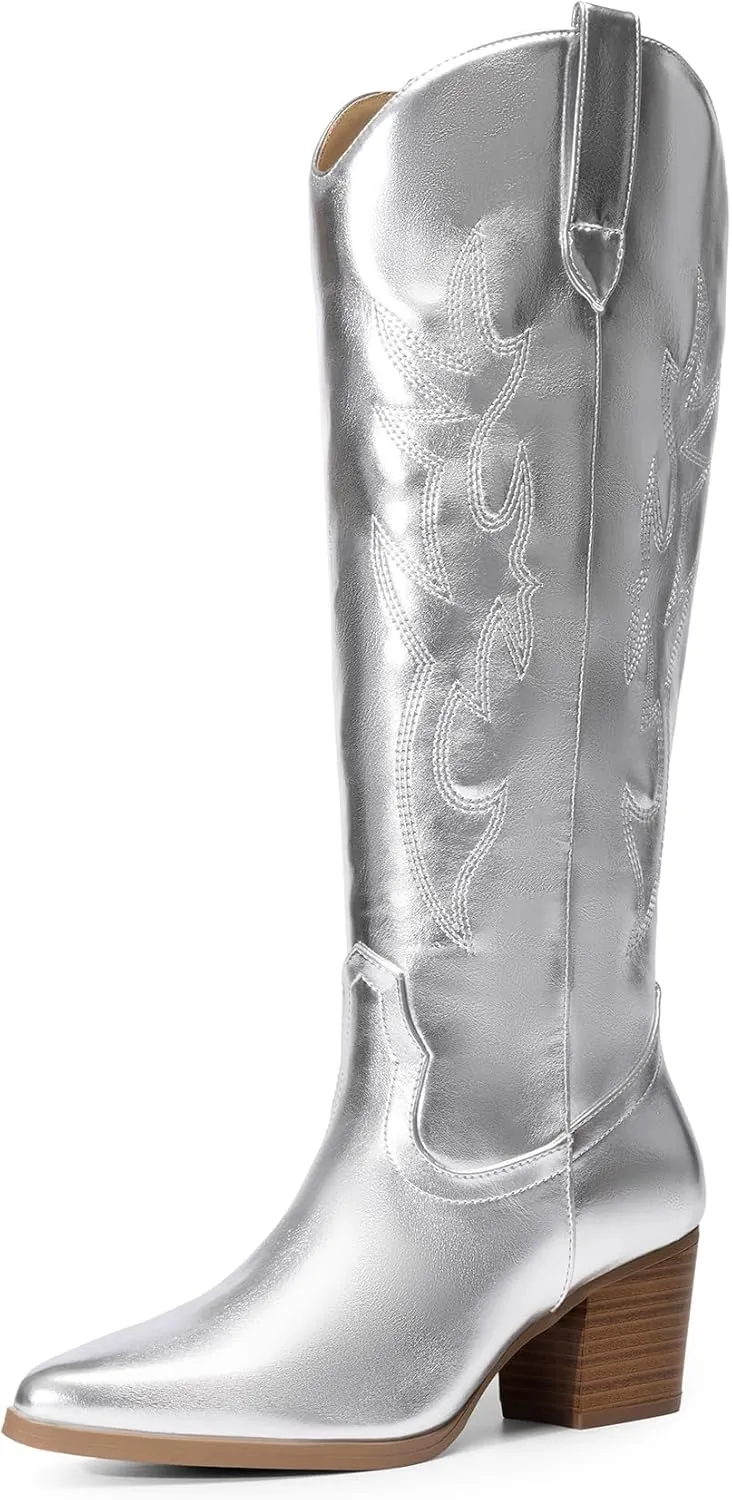 DREAM PAIRS Cowboy Boots for Women Cowgirl Knee High Boots Comfortable Pull On Zipper Chunky Heel Pointed Toe Embroidered Western Boots