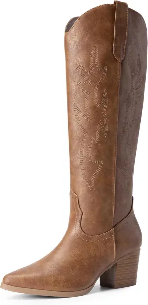 DREAM PAIRS Cowboy Boots for Women Cowgirl Knee High Boots Comfortable Pull On Zipper Chunky Heel Pointed Toe Embroidered Western Boots