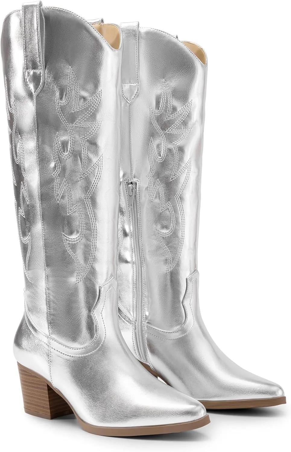 DREAM PAIRS Cowboy Boots for Women Cowgirl Knee High Boots Comfortable Pull On Zipper Chunky Heel Pointed Toe Embroidered Western Boots