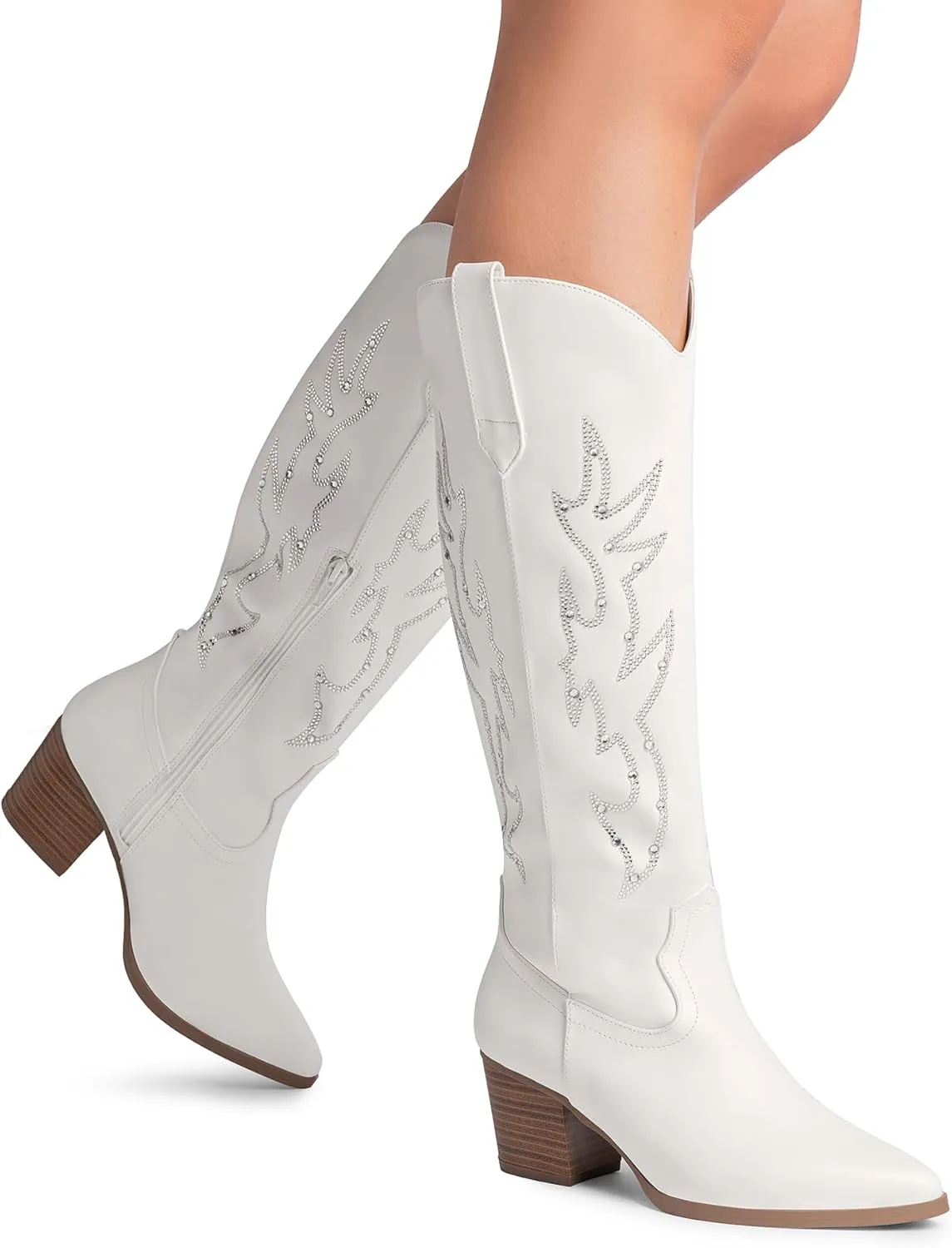 DREAM PAIRS Cowboy Boots for Women Cowgirl Knee High Boots Comfortable Pull On Zipper Chunky Heel Pointed Toe Embroidered Western Boots