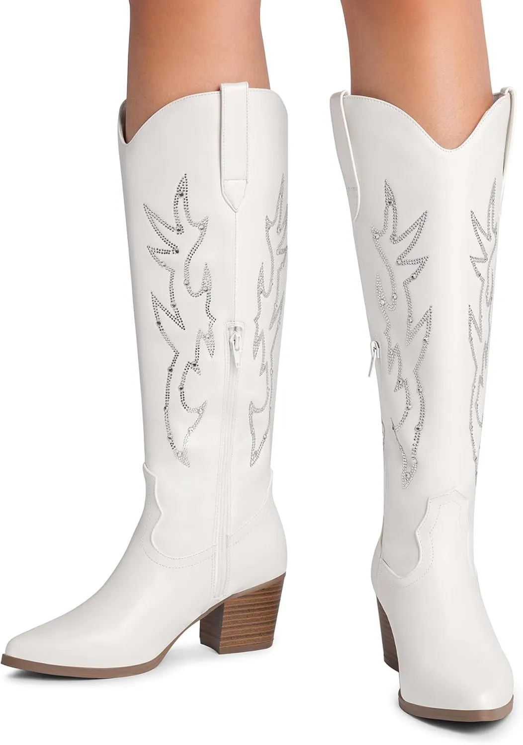 DREAM PAIRS Cowboy Boots for Women Cowgirl Knee High Boots Comfortable Pull On Zipper Chunky Heel Pointed Toe Embroidered Western Boots