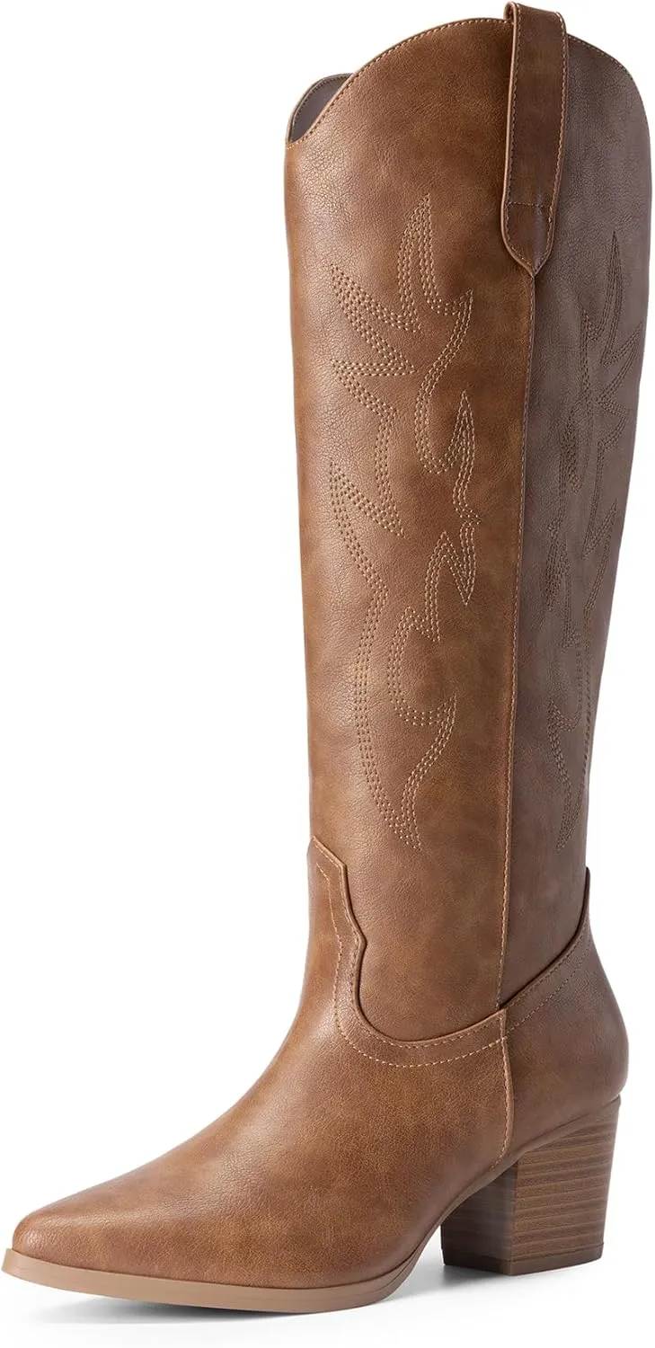 DREAM PAIRS Cowboy Boots for Women Cowgirl Knee High Boots Comfortable Pull On Zipper Chunky Heel Pointed Toe Embroidered Western Boots