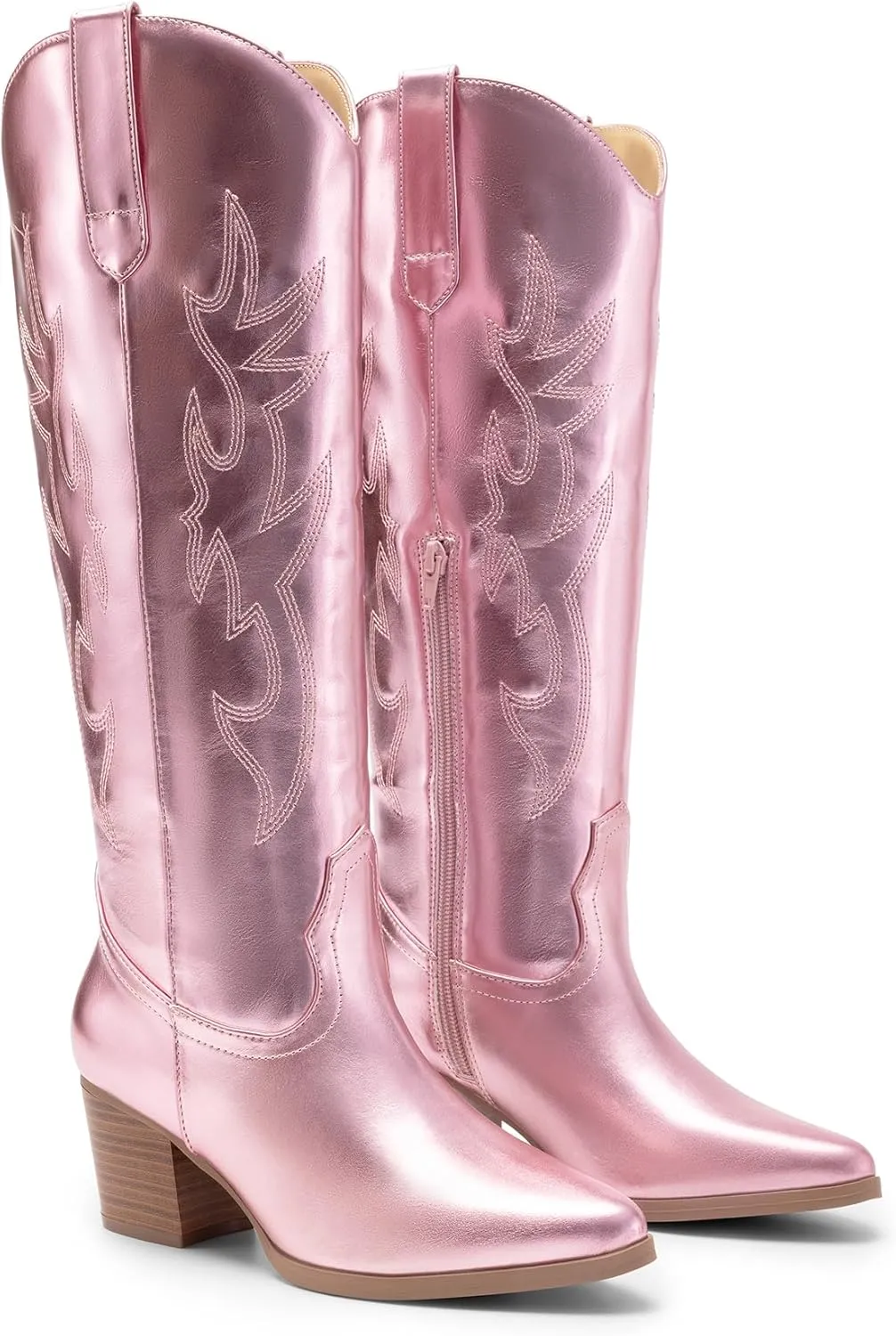 DREAM PAIRS Cowboy Boots for Women Cowgirl Knee High Boots Comfortable Pull On Zipper Chunky Heel Pointed Toe Embroidered Western Boots