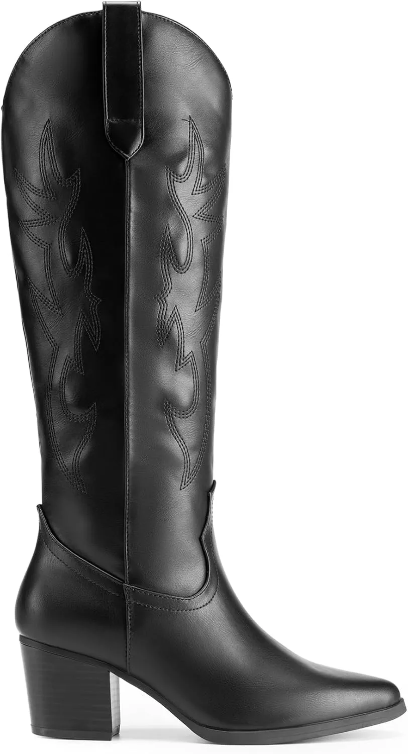 DREAM PAIRS Cowboy Boots for Women Cowgirl Knee High Boots Comfortable Pull On Zipper Chunky Heel Pointed Toe Embroidered Western Boots