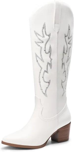 DREAM PAIRS Cowboy Boots for Women Cowgirl Knee High Boots Comfortable Pull On Zipper Chunky Heel Pointed Toe Embroidered Western Boots