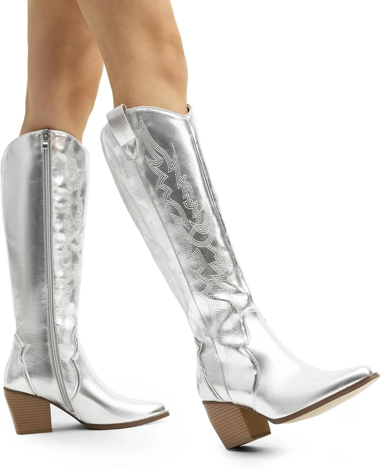 DREAM PAIRS Womens Cowboy Boots Wide Calf Comfortable Pull On Zipper Chunky Heel Pointed Toe Embroidered Western Cowgirl Knee High Boots Girls Ladies Retro Tall Boot