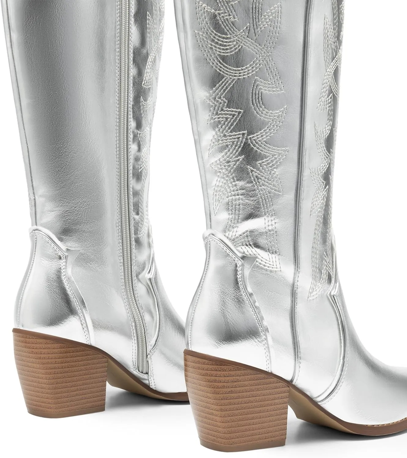 DREAM PAIRS Womens Cowboy Boots Wide Calf Comfortable Pull On Zipper Chunky Heel Pointed Toe Embroidered Western Cowgirl Knee High Boots Girls Ladies Retro Tall Boot