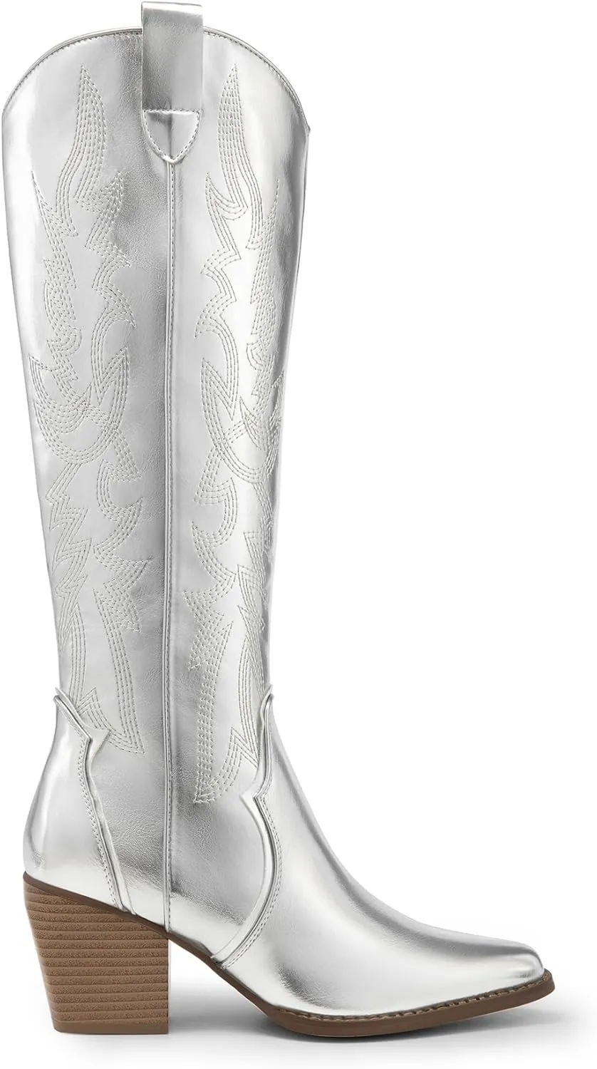 DREAM PAIRS Womens Cowboy Boots Wide Calf Comfortable Pull On Zipper Chunky Heel Pointed Toe Embroidered Western Cowgirl Knee High Boots Girls Ladies Retro Tall Boot