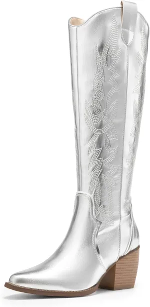 DREAM PAIRS Womens Cowboy Boots Wide Calf Comfortable Pull On Zipper Chunky Heel Pointed Toe Embroidered Western Cowgirl Knee High Boots Girls Ladies Retro Tall Boot