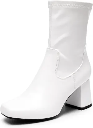 DREAM PAIRS Women's Gogo Boots Mid Calf Low Block Heel Boots Zipper Square Toe Ankle Boots For Party Cosplay Dance